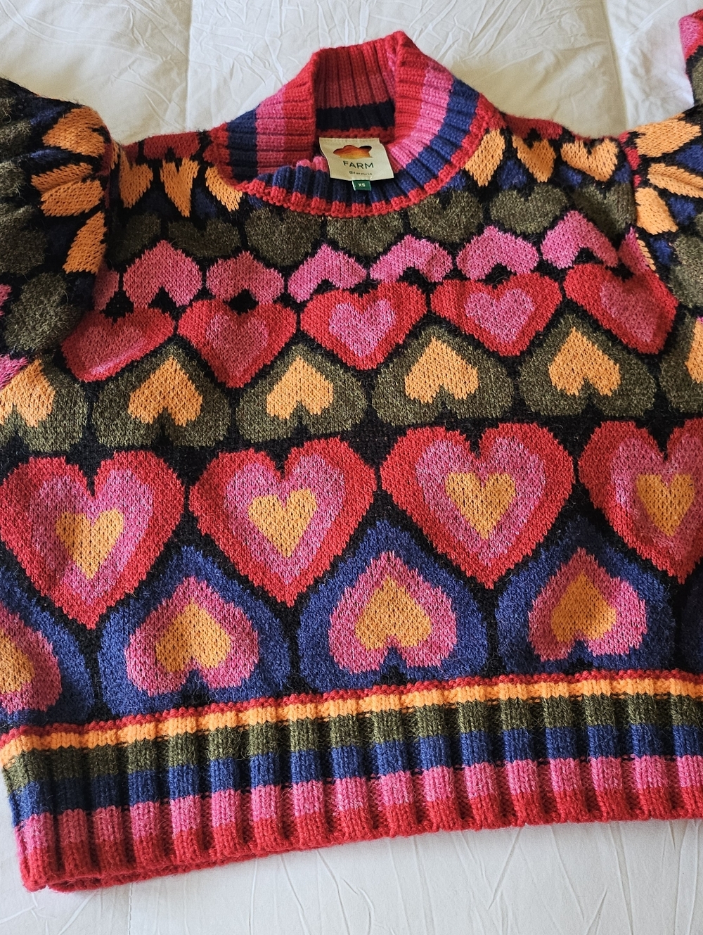 Farm Rio Full Of Hearts Jacquard Sweater Size Medium Rainbow Wool Puff Sleeves - Picture 3 of 6